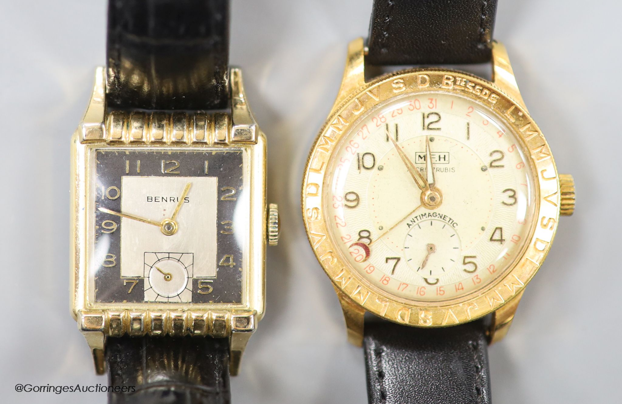 A gentleman's 1930's/1940's stainless steel and gold plated Benris rectangular dial manual wind wrist watch and a later stainless steel and gold plated M.F.H manual wind wrist watch.